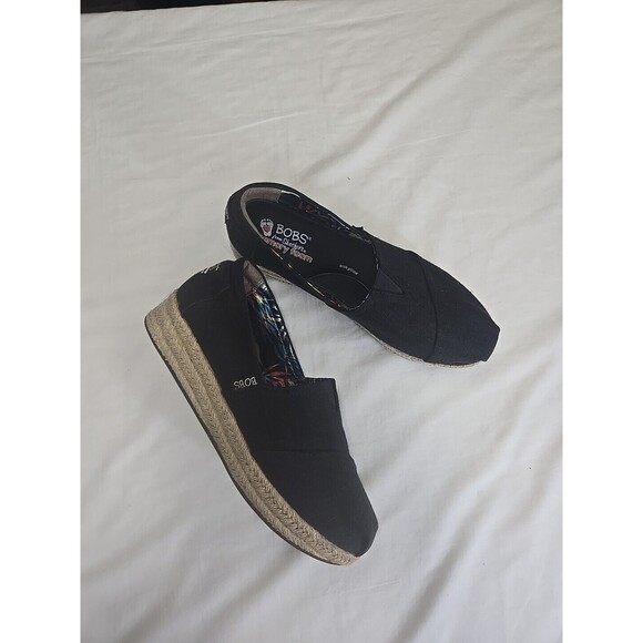 Bobs Skechers Shoes‎ 9 Espadrilles Slip On Comfort Black Tan Fabric Wedge Arch - Picture 1 of 10